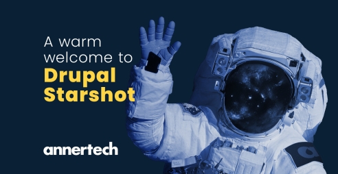 An astronaut waves, and the words “A warm welcome to Drupal Starshot“ appears on the left of the image.