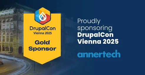 A gold DrupalCon Vienna sponsor badge is on the left of the image. On the right are the words “Proudly sponsoring DrupalCon Vienna 2025“ and the Annertech logo.