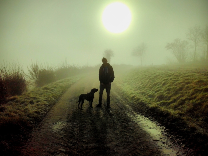 Tom and his dog, Ruby, enjoy a misty walk near their home.