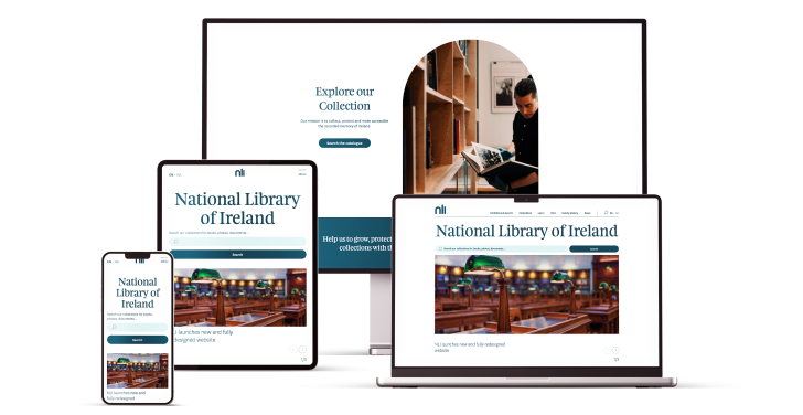 The National Library Ireland's new website as seen on a phone, tablet, notebook and computer screen.