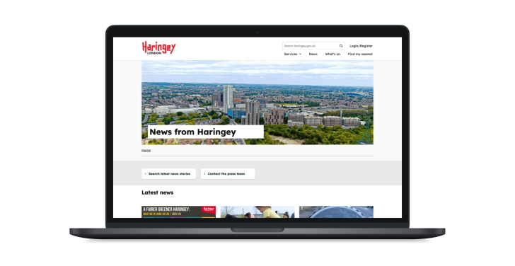 The news page on London Borough of Haringey Council has a featured article followed by listings.