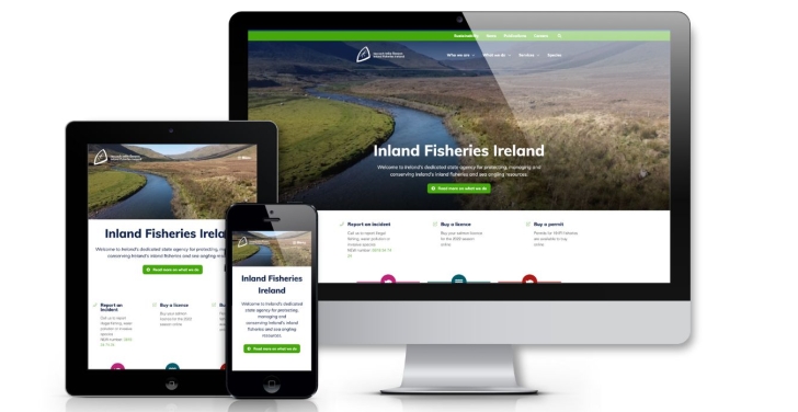 The new Inland Fisheries Ireland website is displayed on a tablet, phone and computer screen.