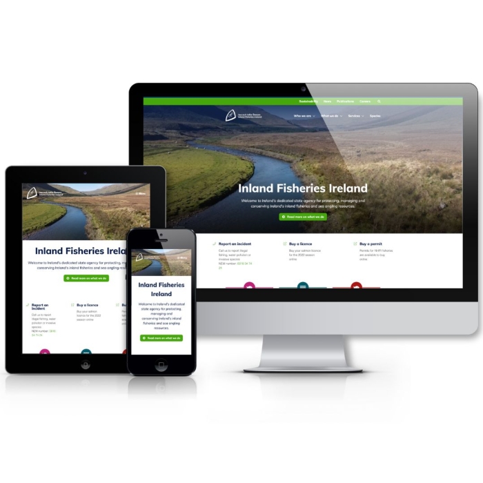 The new Inland Fisheries Ireland website is displayed on a tablet, phone and computer screen.