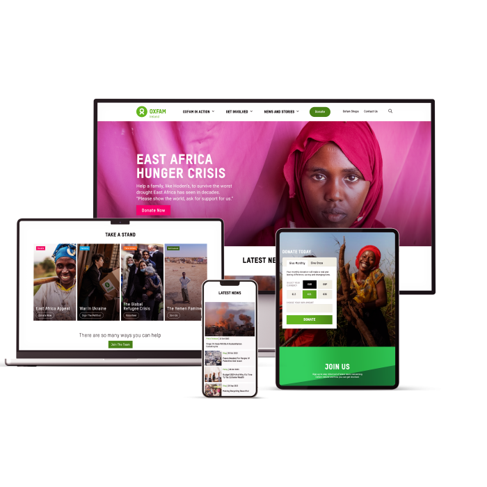 Oxfam Ireland website shown on different sized devices