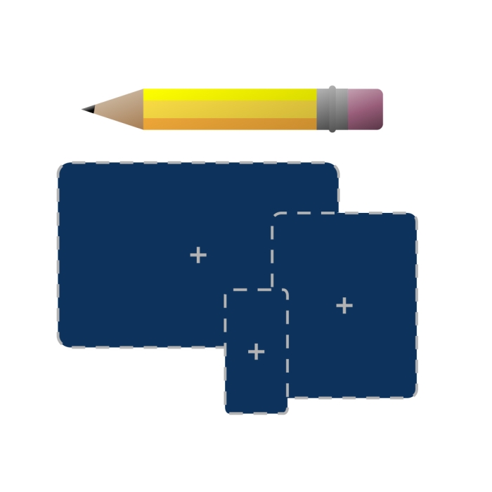 A yellow pencil appears above a blue computer screen, tablet and phone, depicting a website design.