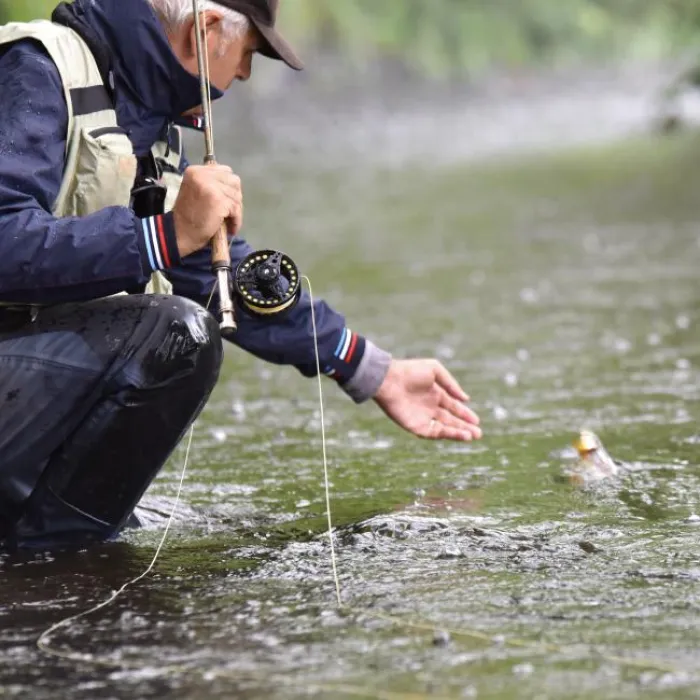 A fisherman catches a fish in a river in Ireland
