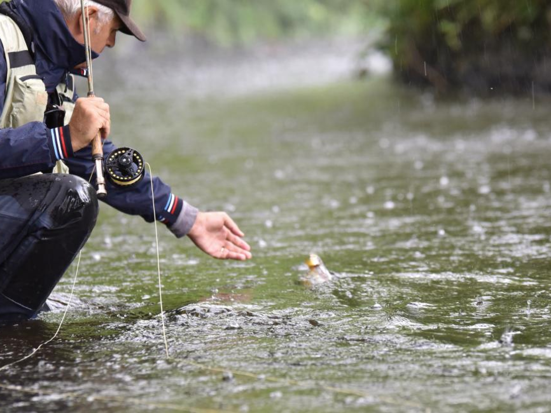 A fisherman catches a fish in a river in Ireland